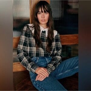 Sezane Phoebe Shirt Washington Check Plaid Lace Collar Black White US 4 FR 36